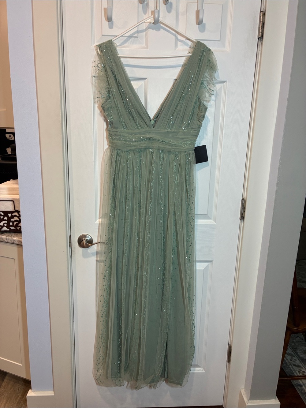 Soieblu Dusty Sage Glitter Tulle V-Neck Maxi Dress